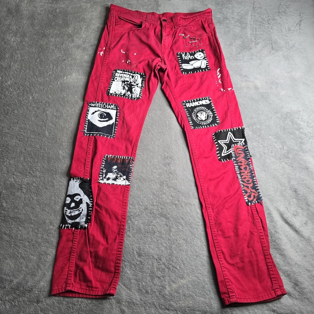 Levis 513 Patched Denim Jeans  Mens 32x34 (32×32) Red Lunachicks Korn Ramones